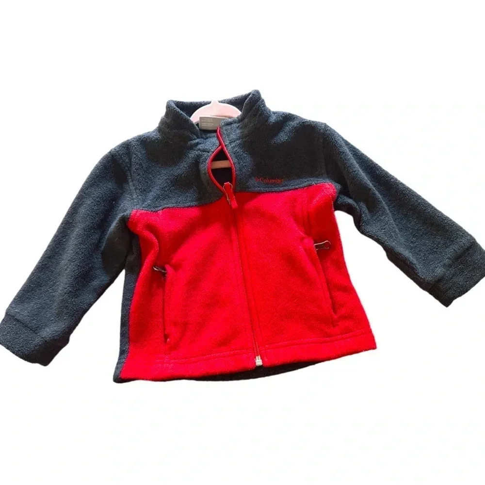 Columbia Jacket Boys Large Red Gray Fleece Coat Full Zip Pockets Size 2T
